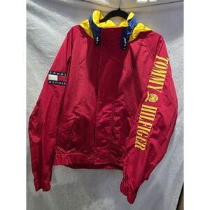 Vintage Tommy Hilfiger Jacket Mens Red Hooded Spellout Windbreaker Streetwear  L